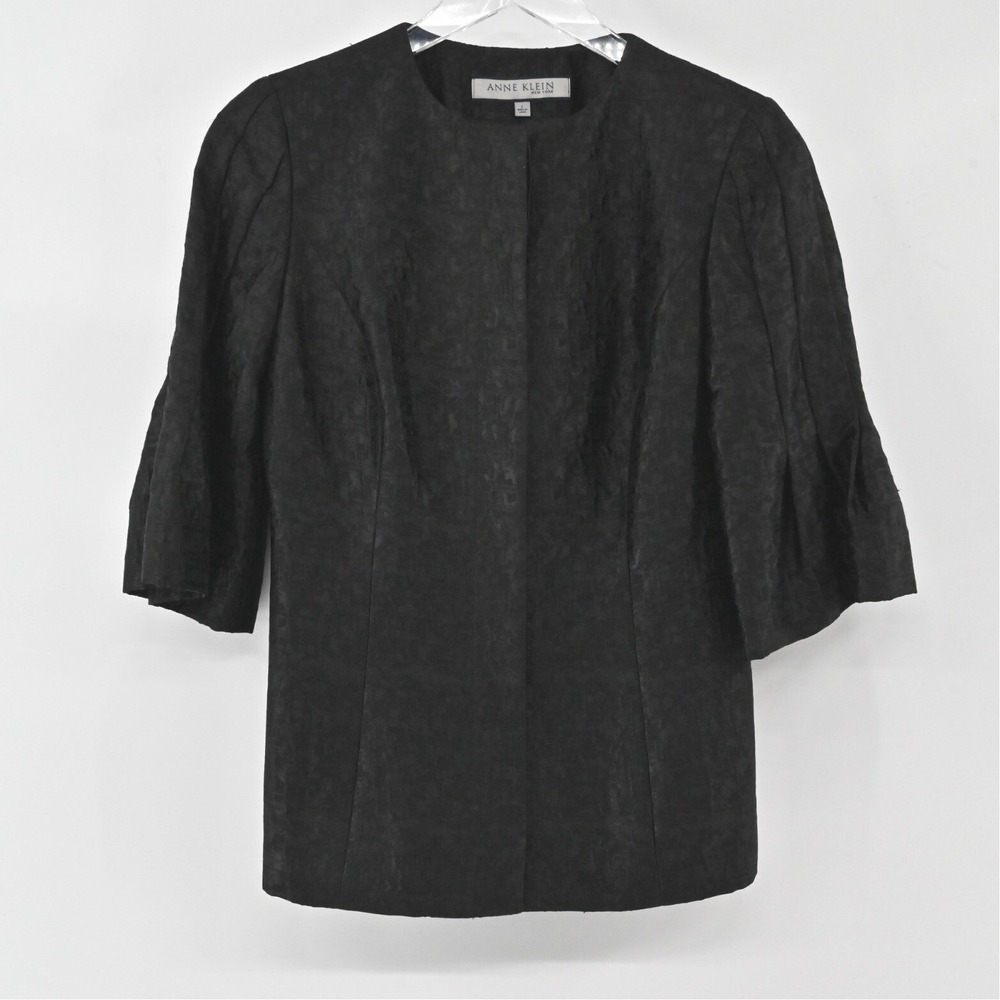 Anne Klein Textured Wool Blazer Womens Size 2‎ Black Bell Sleeve Vintage 00s